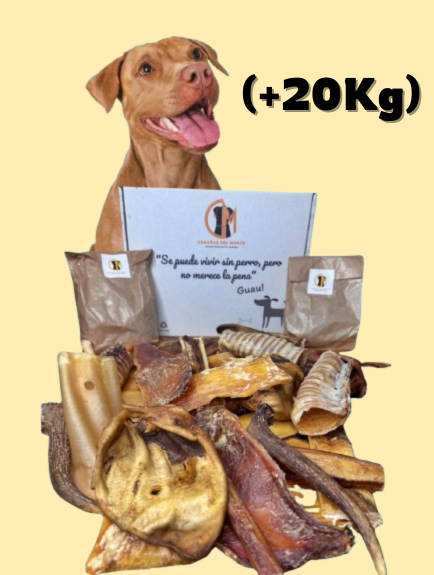 Caja de Snacks Naturales de Cabañas del Monte para perros, una selección premium de deliciosos y saludables masticables. Cada caja incluye una variedad de snacks 100% naturales, sin aditivos ni conservantes artificiales