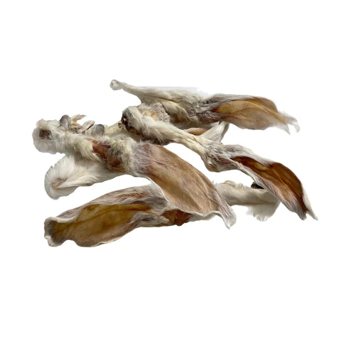 Orejas de Conejo de Cabañas del Monte para perros, un snack natural y sabroso que tu mascota adorará. Hechas de orejas de conejo 100% naturales, estas golosinas son ricas en proteínas y completamente libres de aditivos y conservantes