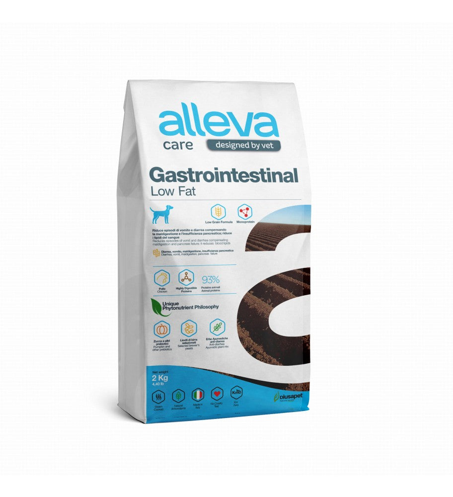 Alleva Care Gastrointestinal Bajo en Grasas, un alimento dietético formulado específicamente para perros con problemas digestivos y necesidades de control de peso. Este alimento premium está diseñado para apoyar la salud digestiva, mejorar la absorción de nutrientes y reducir el riesgo de trastornos gastrointestinales.