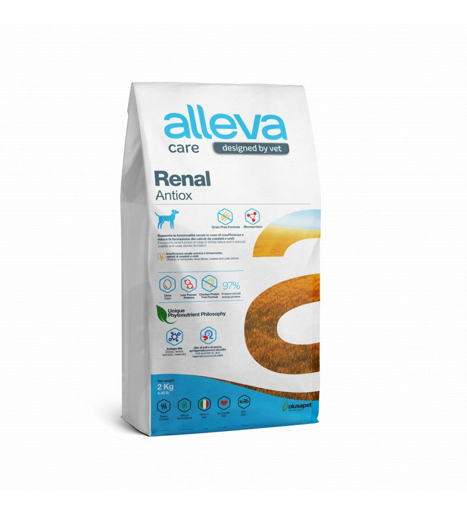 Alleva Care Renal Antioxidante, un alimento dietético especialmente formulado para perros con problemas renales. Este producto de alta calidad está diseñado para apoyar la función renal y mejorar la calidad de vida de tu mascota