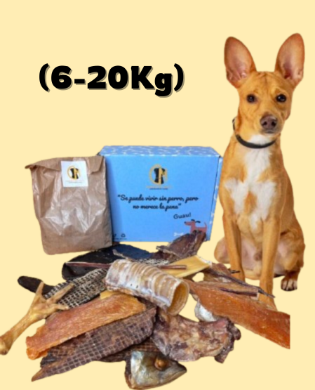 Caja de Snacks Naturales de Cabañas del Monte para perros, una selección premium de deliciosos y saludables masticables. Cada caja incluye una variedad de snacks 100% naturales, sin aditivos ni conservantes artificiales
