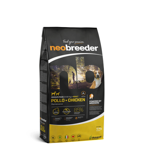 Neobreeder Adult Chicken Med/Maxi 12kg de Cabañas del Monte, un alimento premium formulado específicamente para perros adultos de razas medianas y grandes. Elaborado con pollo de alta calidad