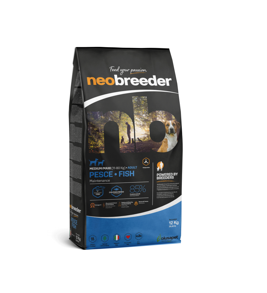 Neobreeder Adult Fish Med/Maxi 12kg de Cabañas del Monte, un alimento premium formulado específicamente para perros adultos de razas medianas y grandes. Elaborado con pescado de alta calidad