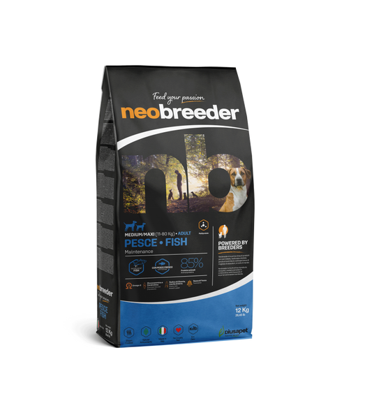 Neobreeder Adult Fish Med/Maxi 12kg de Cabañas del Monte, un alimento premium formulado específicamente para perros adultos de razas medianas y grandes. Elaborado con pescado de alta calidad