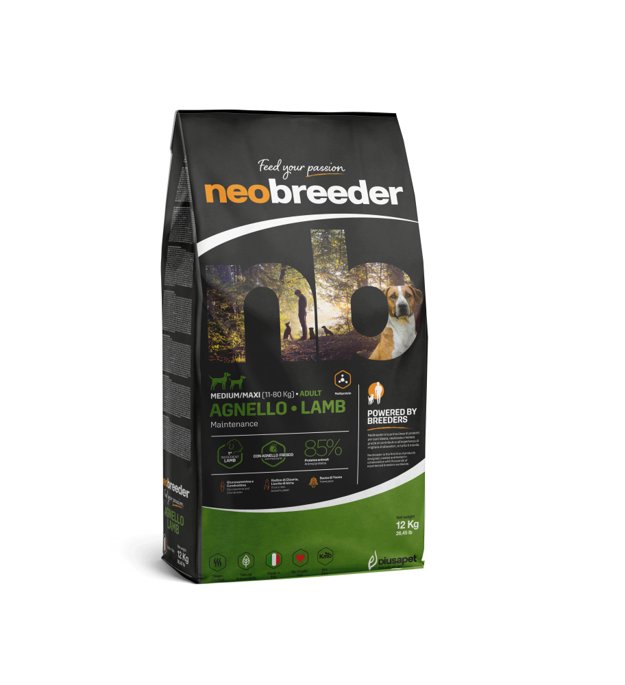 Neobreeder Adult Lamb Med/Maxi 12kg de Cabañas del Monte, un alimento premium formulado específicamente para perros adultos de razas medianas y grandes. Elaborado con cordero de alta calidad
