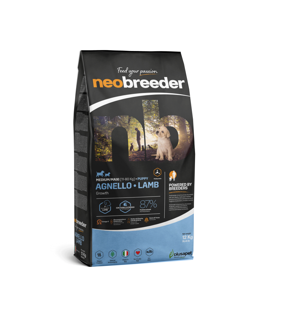 Neobreeder Puppy Lamb 12kg de Cabañas del Monte, un alimento premium formulado específicamente para cachorros en crecimiento. Hecho con cordero de alta calidad, este alimento proporciona todos los nutrientes esenciales que tu cachorro necesita para un desarrollo saludable. Rico en proteínas y con una fórmula equilibrada