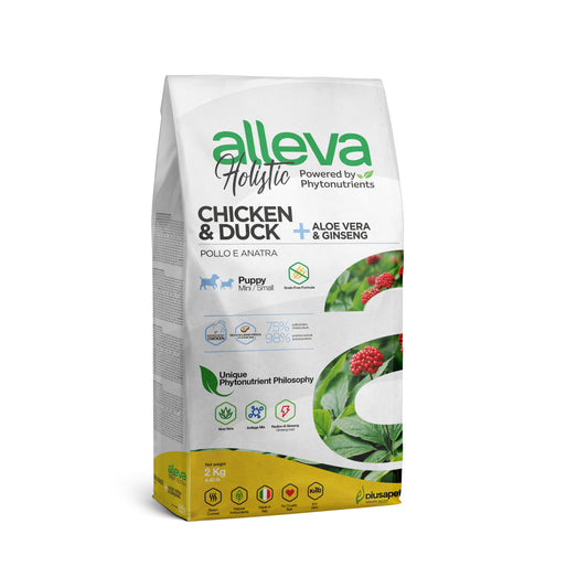 Alleva Holistic Puppy Junior Chicken Mini 2kg, un alimento premium formulado específicamente para cachorros de razas pequeñas. Elaborado con pollo de alta calidad, este alimento proporciona todos los nutrientes esenciales que tu cachorro necesita para un desarrollo saludable.