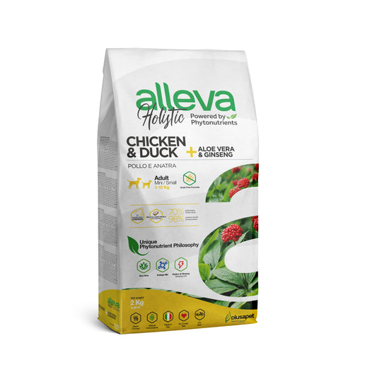 Alleva Holistic Adult Chicken & Duck Mini 2kg, un alimento premium formulado específicamente para perros adultos de razas pequeñas. Elaborado con pollo y pato de alta calidad, este alimento proporciona todos los nutrientes esenciales para mantener a tu perro en óptimas condiciones de salud