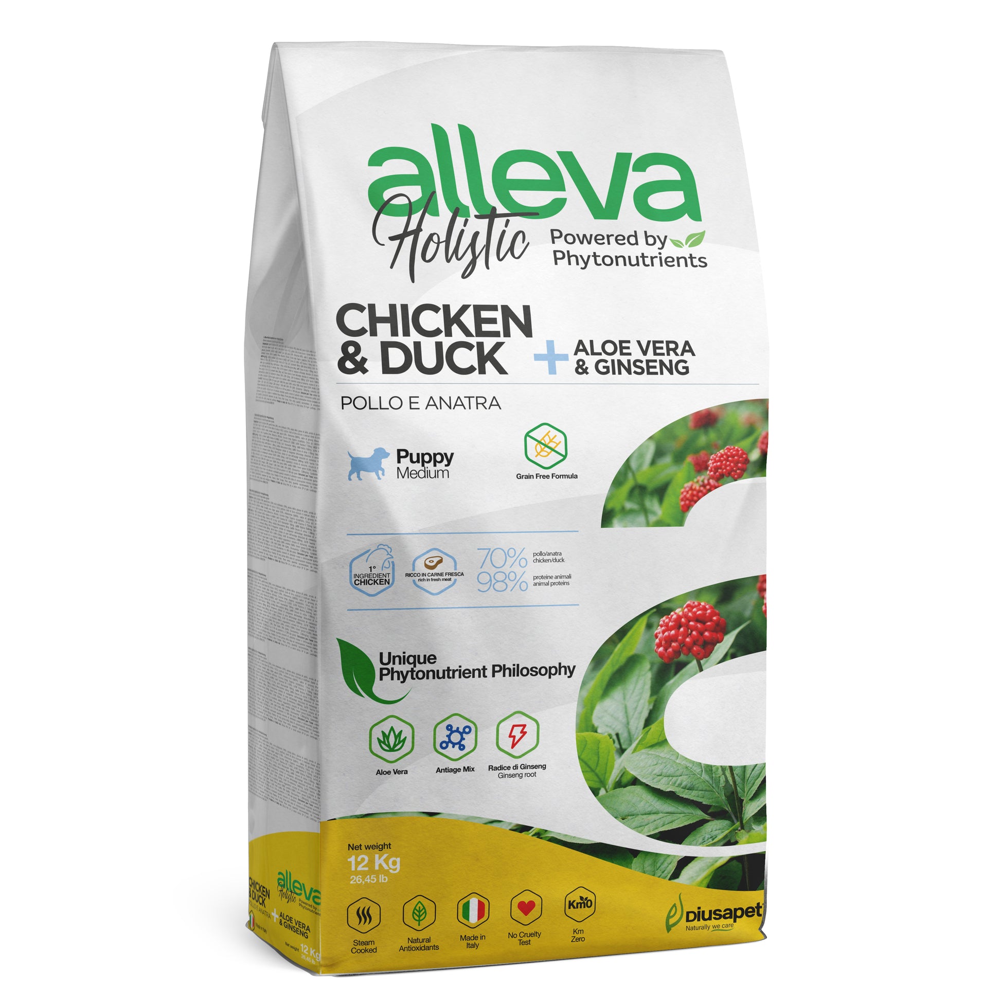Alleva Holistic Puppy Junior Chicken Medium 12kg, un alimento premium formulado específicamente para cachorros de razas medianas. Elaborado con pollo de alta calidad, este alimento proporciona todos los nutrientes esenciales que tu cachorro necesita para un desarrollo saludable