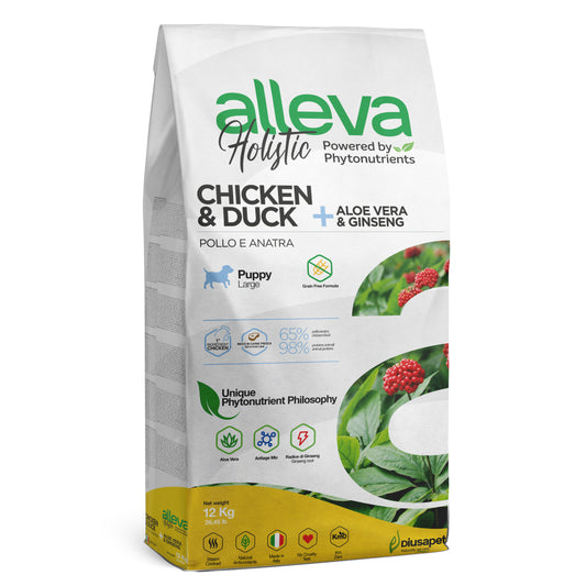 Alleva Holistic Puppy Junior Chicken Maxi 12kg, un alimento premium formulado específicamente para cachorros de razas grandes. Elaborado con pollo de alta calidad, este alimento proporciona todos los nutrientes esenciales que tu cachorro necesita para un desarrollo saludable