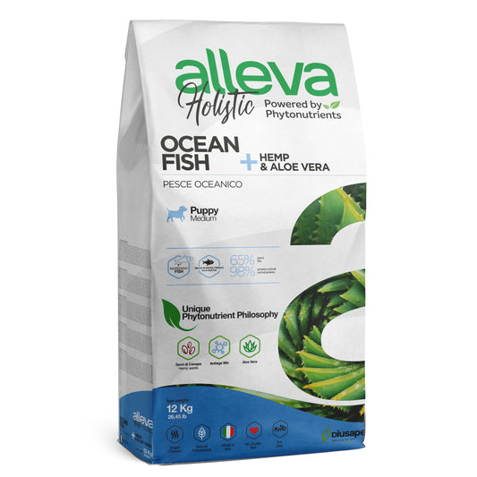 Alleva Holistic Puppy Junior Fish Medium 12kg, un alimento premium formulado específicamente para cachorros de razas medianas. Elaborado con pescado de alta calidad, este alimento proporciona todos los nutrientes esenciales que tu cachorro necesita para un desarrollo saludable