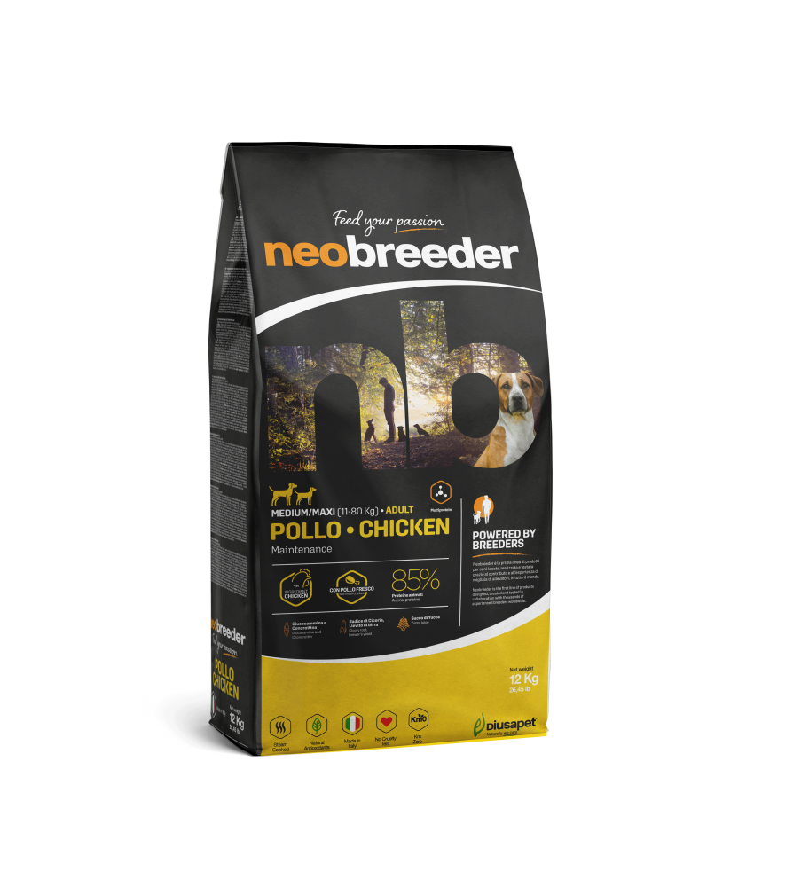 Neobreeder Adult Chicken Med/Maxi 12kg de Cabañas del Monte, un alimento premium formulado específicamente para perros adultos de razas medianas y grandes. Elaborado con pollo de alta calidad