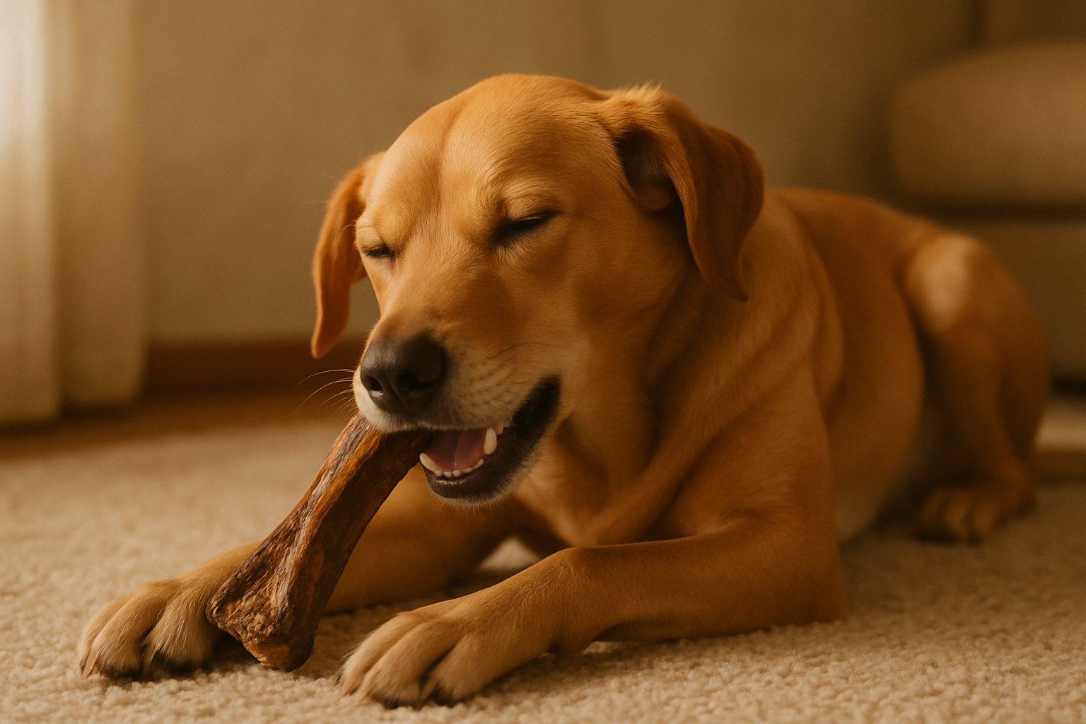 perro calmado, tranquilo, masticando un hueso de bufalo