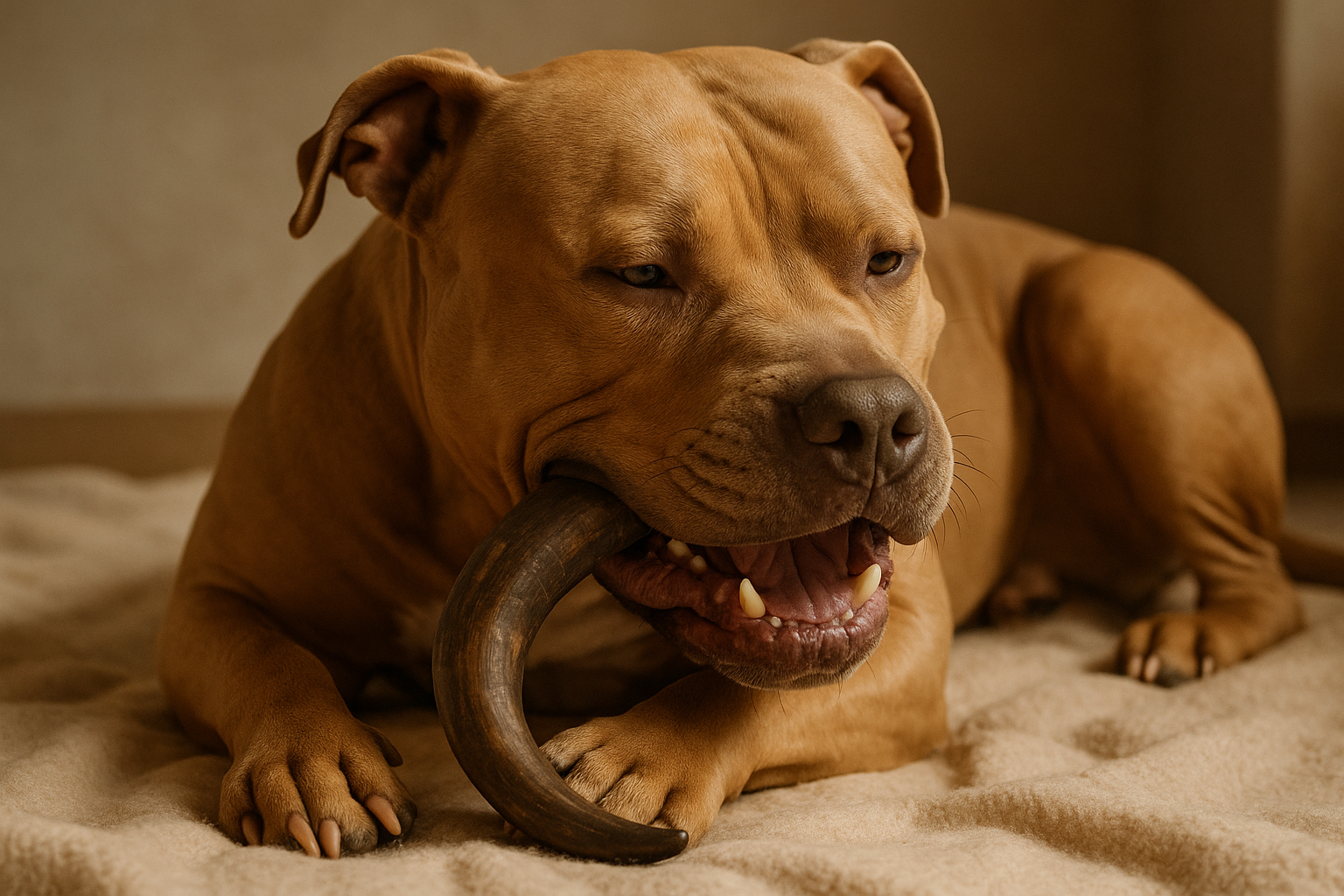 una imagen realista de un perro pitbull, relajado, masticando un cuerno de bufalo